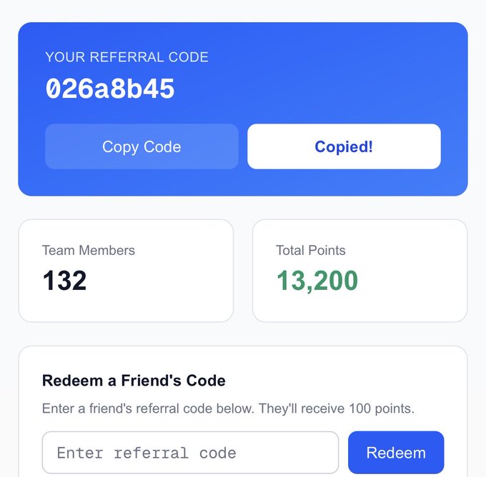 A referral dashboard showing the code "026a8b45" with 132 team members and 13,200 total points, alongside a field to redeem a friend's referral code. This aligns with the post by an Sfexwallet team leader encouraging members to share their referral progress as the group approaches 147 members.