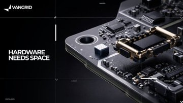 A dark promotional image with the VanGrid logo reading "HARDWARE NEEDS SPACE" showing a close-up of an electronic circuit board with chips and components.