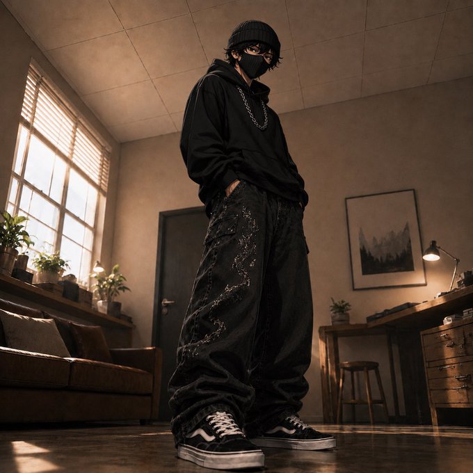 A person dressed in all-black streetwear including a hoodie, beanie, mask, and Vans sneakers stands in a warmly lit room.