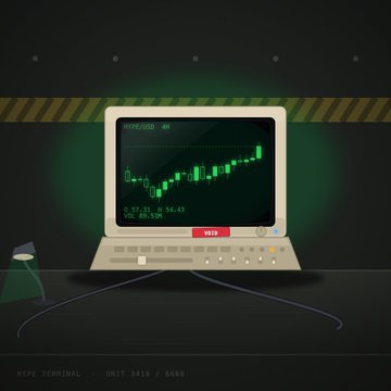 A retro-styled illustration features a vintage laptop displaying a green candlestick chart for "HYPE/USD" showing a price of "54.43" with a "0.57.25 ↑" increase and "VOL: 01.53M", alongside a green spray paint can. The image promotes the minting of "HYPE Terminal" NFTs, priced at 0.02 HYPE for the whitelist (5:30 pm UTC) and 0.025 HYPE for the public sale (6:00 pm UTC).