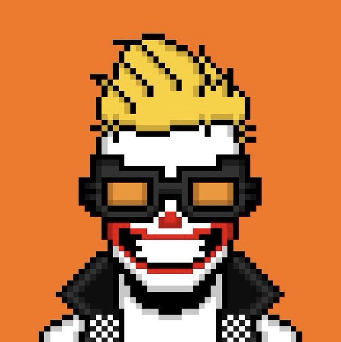Pixel art character with yellow spiky hair, orange sunglasses, and a wide grin against an orange background.