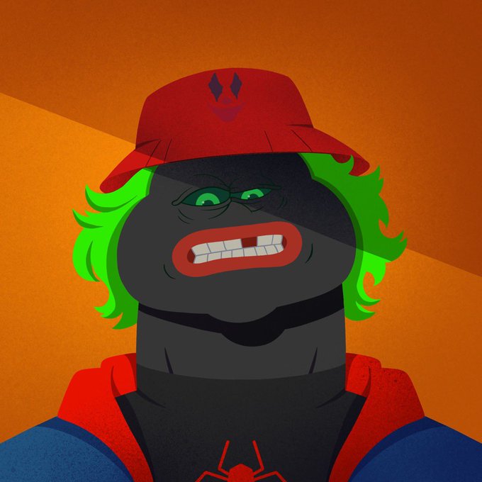 A stylized animated illustration of a character with green hair, a red cap with a black symbol, a grimacing expression showing teeth, and a red and blue outfit with a spider emblem, set against an orange background.