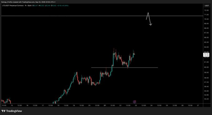 A TradingView 1-hour chart of LTC/USDT perpetual contract on Bybit showing price action around $63.48 (up 0.24%), with a white arrow pointing upward near $69 and a horizontal resistance line drawn around $61, highlighting Litecoin's bullish setup.