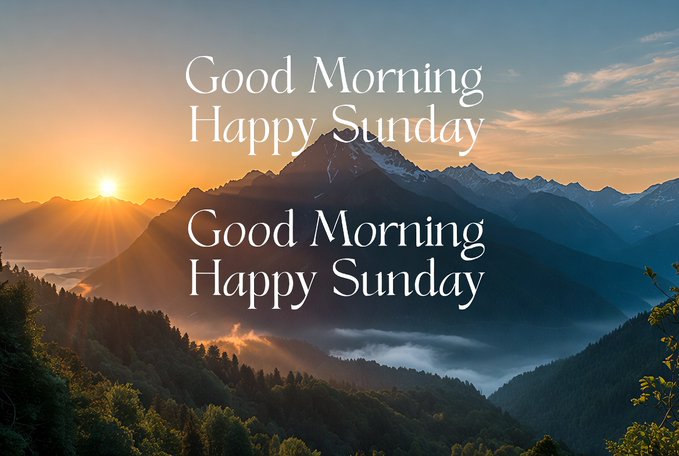 A scenic mountain sunrise landscape with golden sun rays and 'Good Morning Happy Sunday' text displayed twice in elegant white serif font over the misty mountain vista.