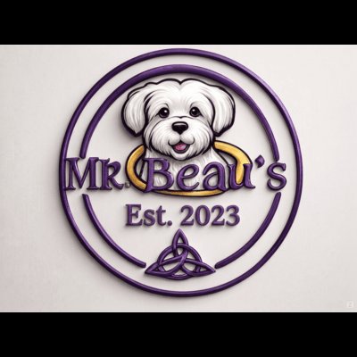 Circular purple and gold logo featuring a white fluffy dog illustration with the text 'Mr. Beau's Est. 2023' and a Celtic knot symbol at the bottom.