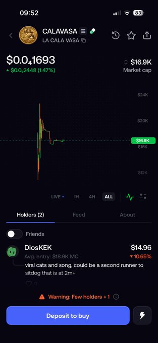 A cryptocurrency trading app displays the 'CALAVASA' token ($0.1693) with a market cap of $16.9K, noting 2 holders including 'DiosKEK'.