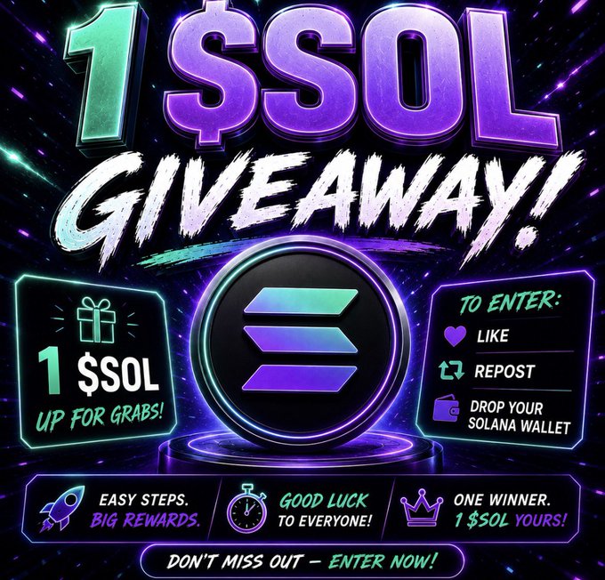A vibrant neon-themed promotional graphic advertising a "1 $SOL GIVEAWAY" featuring a glowing Solana logo centerpiece, with entry requirements listed as Like, Repost, and dropping a Solana wallet—matching the post's entry instructions. It highlights "1 $SOL UP FOR GRABS!" and urges viewers with "DON'T MISS OUT – ENTER NOW!" to drive participation before the 300-entry deadline.