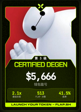 A "Certified Degen" Level 3 ID card displays a white ghost-like character alongside key stats: $5,666 (转化盈亏/P&L), 2.1x 最佳交易 (best trade), 513 FLAP 分数 (FLAP score), and 41.5% 胜率 (win rate), branded with "LAUNCH YOUR TOKEN - FLAP.SH," directly illustrating the post's reference to a Butterfly-hosted degen battle record tool that lets users input their wallet to receive a personalized trading profile card.