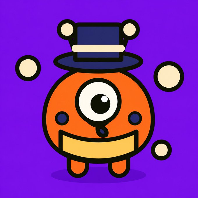 A colorful cartoon illustration of an orange one-eyed monster character wearing a top hat, set against a purple background with floating cream-colored bubbles.
