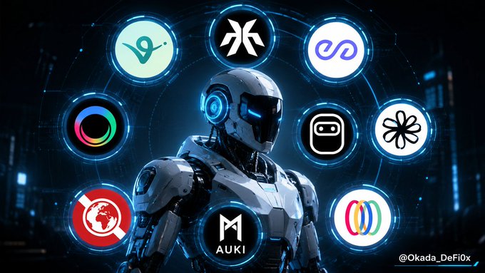 A futuristic humanoid robot is surrounded by various crypto and AI-related logos, with the "AUKI" token prominently displayed on its chest. The image visually represents the convergence of robotics, physical AI, and crypto, aligning with the post's narrative about humanoids like Unitree moving from demos into real production.