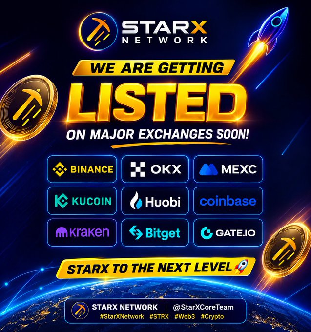 A vibrant promotional graphic for StarX Network announces an upcoming listing on nine major cryptocurrency exchanges—Binance, OKX, MEXC, KuCoin, Huobi, Coinbase, Kraken, Bitget, and Gate.io—with the bold headline "WE ARE GETTING LISTED ON MAJOR EXCHANGES SOON!" and tagline "STARX TO THE NEXT LEVEL 🚀," featuring golden STARX coin icons and a rocket launching over Earth, aligning with the post's excitement about its imminent exchange debut.