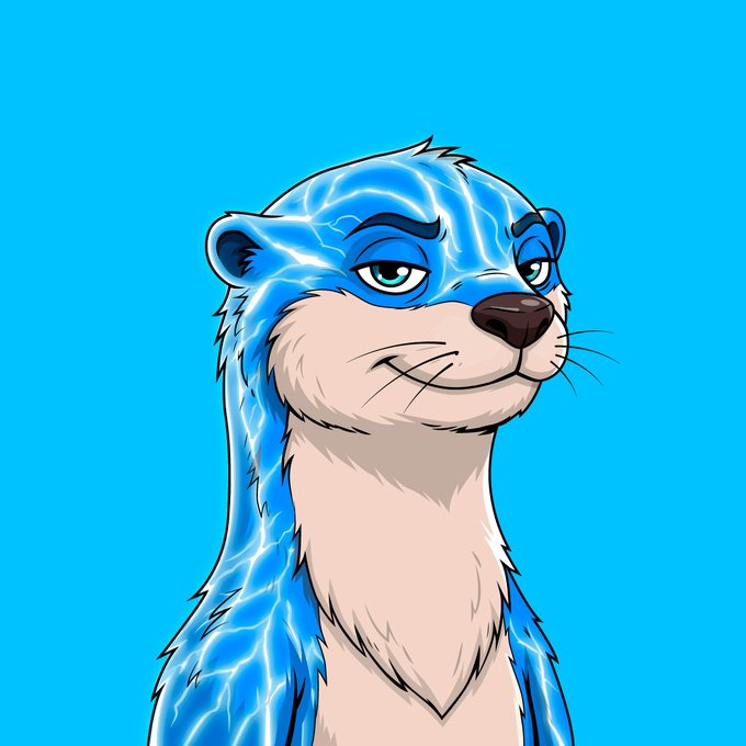 A digital illustration of a stylized otter with blue fur patterned with white lightning bolts and teal eyes against a bright blue background.