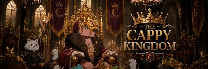 The image features a banner for "The Capppy Kingdom" game, which is an interactive video game that allows players to assume the role of a king or queen within a fantasy world. The game's title is displayed at the top of the banner in white text against a dark background. Below this, there are two images: one depicting a royal scene with a crown and a throne, and another showing a cat wearing a crown. These images serve as visual cues for players to understand that they are partaking in a game where they assume the role of royalty or a king/queen within the fantasy world depicted by the banner.