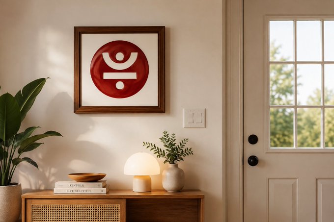 A stylish interior scene features a wooden console table adorned with a small lamp, potted greenery, and stacked books (including visible titles "KINFOLK" and "LIVE BEAUTIFUL"), positioned beneath a framed red circular emblem on a cream wall next to a white paneled door. The image serves as an aesthetically pleasing backdrop for the accompanying post highlighting JustLend DAO's significant liquidity metrics within the TRON DeFi ecosystem, including $3.93B supplied, $192.61M borrowed, and $7.29B TVL.