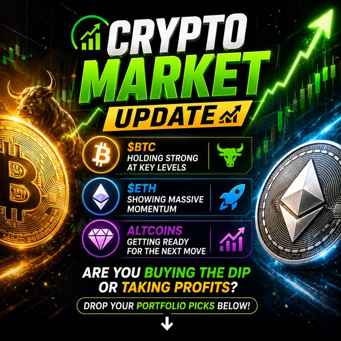 A crypto market update graphic featuring Bitcoin and Ethereum coins with text about $BTC 'holding strong at key levels,' $ETH 'showing massive momentum,' and altcoins 'getting ready for the next move.'