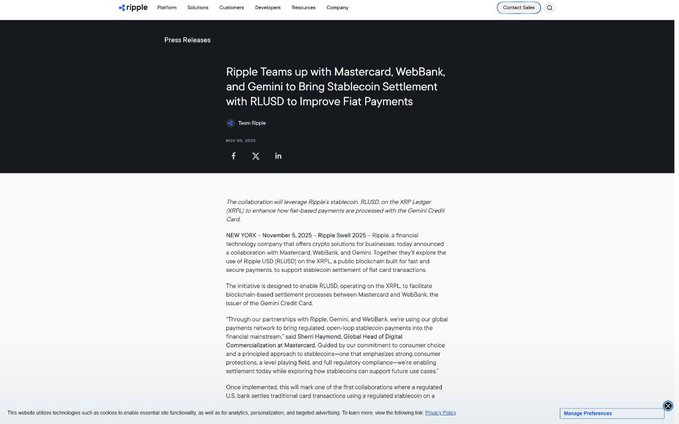 A press release webpage from Ripple dated November 5, 2025, titled 'Ripple Teams up with Mastercard, WebBank, and Gemini to Bring Stablecoin Settlement with RLUSD to Improve Fiat Payments,' describing a collaboration using Ripple's RLUSD stablecoin on the XRP Ledger.