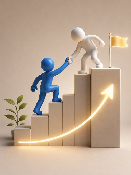A 3D illustration of a blue figure being helped up stairs by a white figure reaching a golden flag, with a glowing upward-pointing arrow and a small potted plant.
