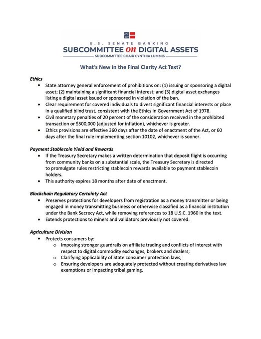 An informational document from the U.S. Senate Banking Subcommittee on Digital Assets, detailing 'What's New in the Final Clarity Act Text' across categories including Ethics, Payment Stablecoin, Blockchain Regulatory Certainty, and Agriculture Division.