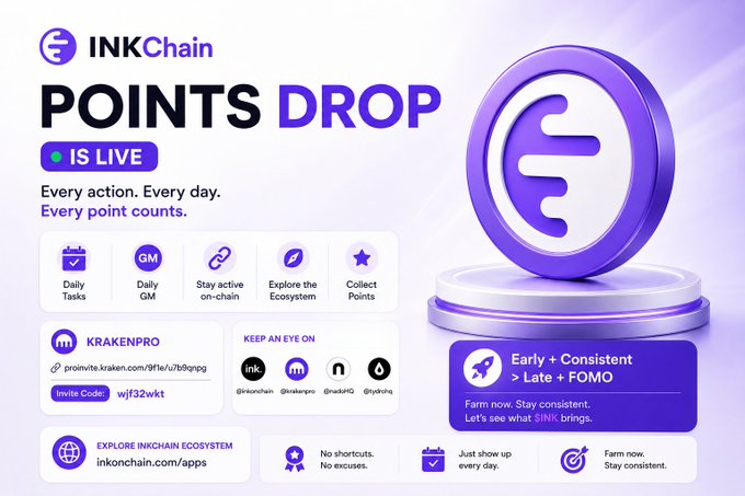 An advertisement for INKChain 'POINTS DROP' which is live, featuring icons for daily tasks, GM, on-chain activity, ecosystem exploration, and points collection.