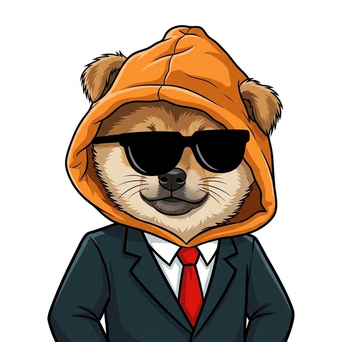 A cartoon bear wearing sunglasses, a red tie, and a dark suit, dressed in an orange hooded jacket. The image playfully combines the Dogecoin (DOG) mascot with WallStreetBets-style "stonks" attire, illustrating the post's meme about mixing DOG with wallstreetbets culture.