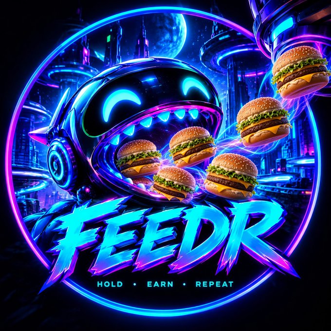 A neon-style digital poster features a futuristic robotic creature with floating burgers and the bold text "FEEDR - HOLD • EARN • REPEAT".