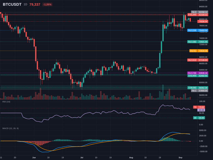 A BTCUSDT trading chart on a daily timeframe showing price at 79,337 (-1.28%), with RSI and MACD indicators displayed below.