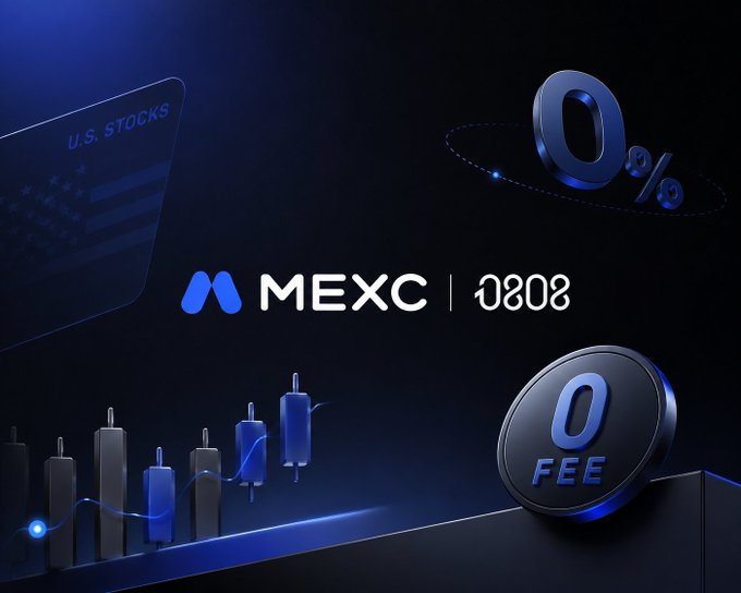 A promotional advertisement for the MEXC cryptocurrency exchange displaying "0808" and highlighting a "0% FEE" offer against a dark background with candlestick charts.