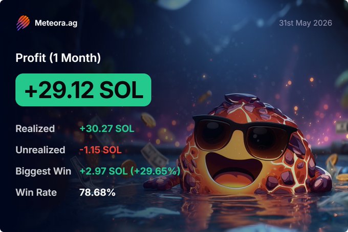 The image features an animated character, likely a character from Pokémon or another video game franchise, wearing sunglasses and swimming with a lava face (lava eyes). In the bottom right corner of the image, there's a list of things related to trading in the cryptocurrency market. The text states that "Profit 1 Month = 29.12 Sol" and that "I'm a lousy trader." This might be an advertisement for Bitcoin or another cryptocurrency, using an entertaining visual to attract potential users.