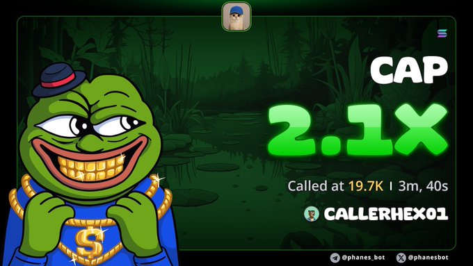 A meme screenshot featuring Pepe the Frog dressed as a pimp with gold chains, alongside text reading 'CAP 2.1x Called at 19.7K | 3m, 40s CALLERHEX01'.