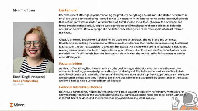 A 'Meet the Team' webpage for 'Miden' introducing 'Bachi Degli Innocenti, Head of Marketing' with sections on Background, Focus at Miden, and Personal Interests & Hobbies, alongside her photo.