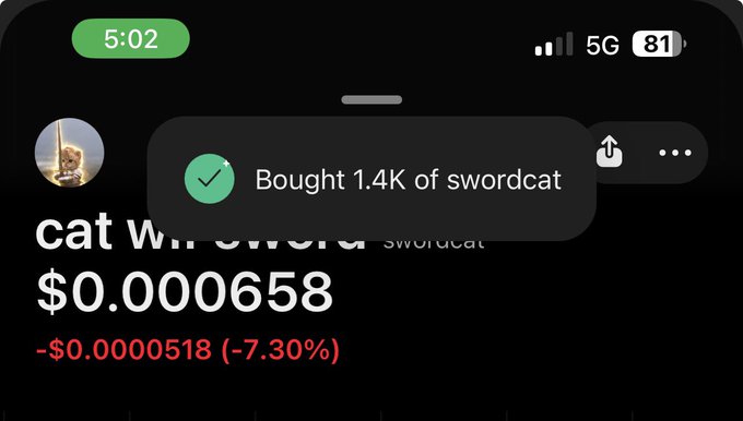 A mobile phone screenshot showing a notification that reads 'Bought 1.4K of swordcat' over a stock/crypto chart displaying 'cat w... swordcat', a price of '$0.000658', and a red decline of '-$0.0000518 (-7.30%)'.