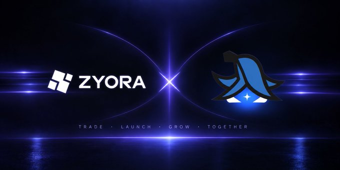 A promotional graphic with a cosmic blue background features the "ZYORA" logo on the left alongside a stylized penguin character on the right, with the tagline "TRADE • LAUNCH • GROW • TOGETHER" displayed below, visually announcing the integration of Zyora launches with BasedBot from day one.