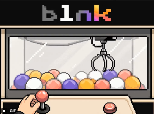 Pixel art depicting a UFO-themed claw machine game filled with colorful balls, with the text "blink" at the top and "GIF" in the corner.