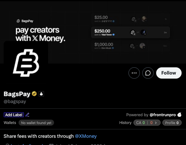 A screenshot of the BagsPay (@bagspay) social media profile, promoting paying creators with X Money, showing transaction examples of $25.00, $250.00, and $1,000.00, powered by @frontrunpro.