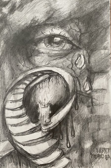 A dramatic charcoal or pencil drawing depicting a large eye above a coiled snake-like figure with tears, signed with dates '1.15.17' and '11.30.17' by artist 'BA'.