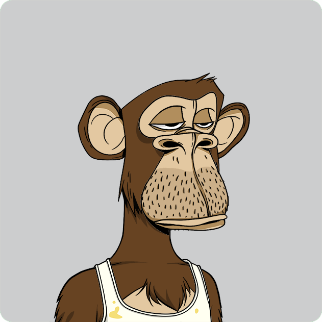 The image features a cartoon monkey wearing a tank top, standing against a gray background. The monkey appears to be looking off into the distance with a sad expression. The caption of the image reads "Obtained one of the cleanest Double Bored apes in the collection! It had been sitting in @machibigbrother ' s vault for over 3 years Mine now." This suggests that the monkey is part of an art collection or has been featured in a comic book, and it seems to be unhappy.