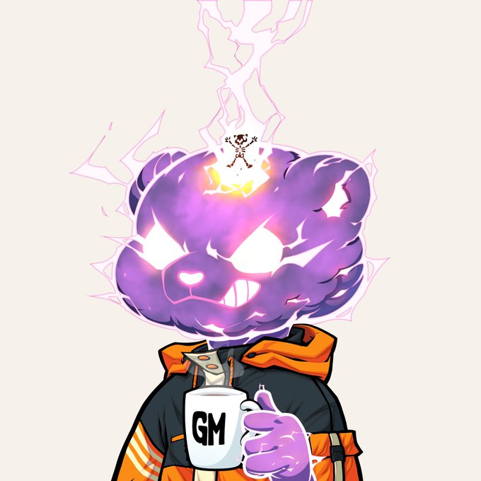 An anime-style illustration of a character with a purple smoke head, glowing eyes, and a body holding a mug labeled 'GM'.