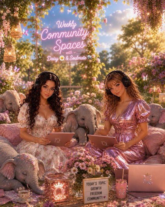 A vibrant digital poster for 'Weekly Community Spaces with Daisy & Soulmate' featuring two women in floral and sparkly pink dresses wearing headphones and holding laptops, surrounded by baby elephants and flowers, with a sign reading 'TODAY'S TOPIC: GROWTH FREEDOM COMMUNITY'.