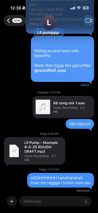 A screenshot of an iMessage exchange references “MoonPie,” with audio files labeled “68 song mix 1.wav” and “Lil Pump - Moonpie 8-5-26 ROUGH DRAFT.mp3.” Messages such as “GM mfers!!!” and “Imaо my nigga I fuckin love you” reflect the collaborative Moonpie x Pump x Slopcannon project teased as “Coming soon.”