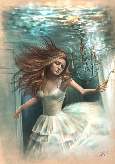 A fantasy illustration of a young woman in a flowing white dress floating underwater, her long brown hair drifting around her, with an ornate chandelier visible above the water's surface.