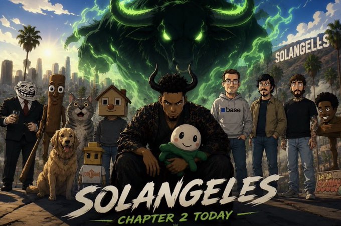 An animated poster for 'SOLANGELES CHAPTER 2 TODAY' featuring various characters including a person in a horned headdress, a dog, and a troll face, set against a cityscape with a green demon emerging in the background.