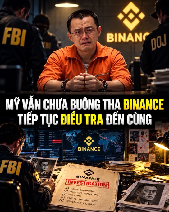 An AI-generated image showing a man in an orange prison jumpsuit surrounded by FBI and DOJ agents, with Vietnamese text reading 'MỸ VẪN CHƯA BUÔNG THA BINANCE TIẾP TỤC ĐIỀU TRA ĐẾN CÙNG' and a Binance investigation folder.