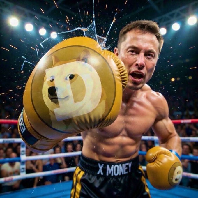 An AI-generated image depicts a muscular man resembling Elon Musk in a boxing ring, wearing gold Dogecoin-branded gloves and trunks labeled 'X MONEY', with a Doge logo on his glove.