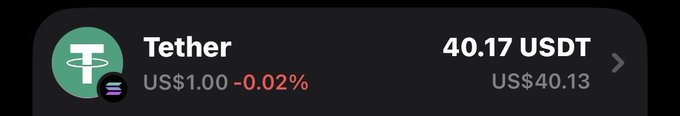 A screenshot shows a Tether (USDT) crypto wallet balance of 40.17 USDT (≈ US$40.13), with a -0.02% price change. The image appears to serve as visual proof of funds for a giveaway promising $40 in SOL to winners, though the wallet actually holds USDT rather than Solana.