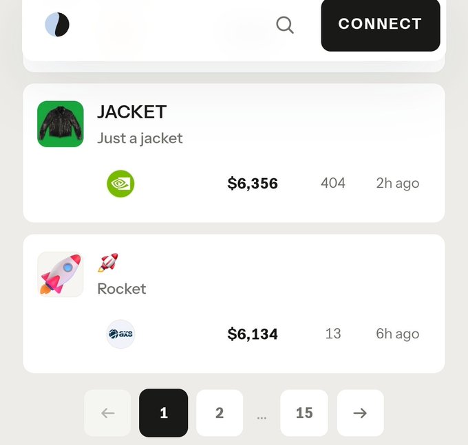 The image shows an NFT marketplace listing page featuring two items: "JACKET - Just a jacket" priced at $6,356 with 404 items, posted 2h ago, and "Rocket" priced at $6,134 with 13 items, posted 6h ago, with pagination showing page 1 of 15. The Rocket listing, despite having fewer items and being older, relates to the caption noting that Rocket is now the top project on Indexfi distributing $SPCX.