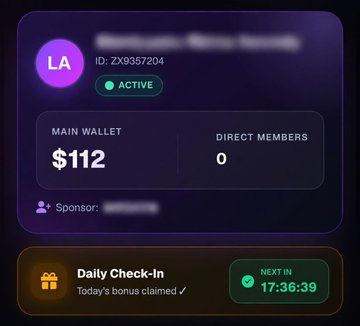 A dark dashboard displaying a user profile with ID "ZX9357204" and an "ACTIVE" status shows a main wallet balance of $112 with 0 direct members, alongside a daily check-in section indicating a bonus already claimed today and the next check-in timer at "17:36:39." The image serves as visual proof of the claimed $112 balance being referenced in the post's "$112 Free Claim" announcement.