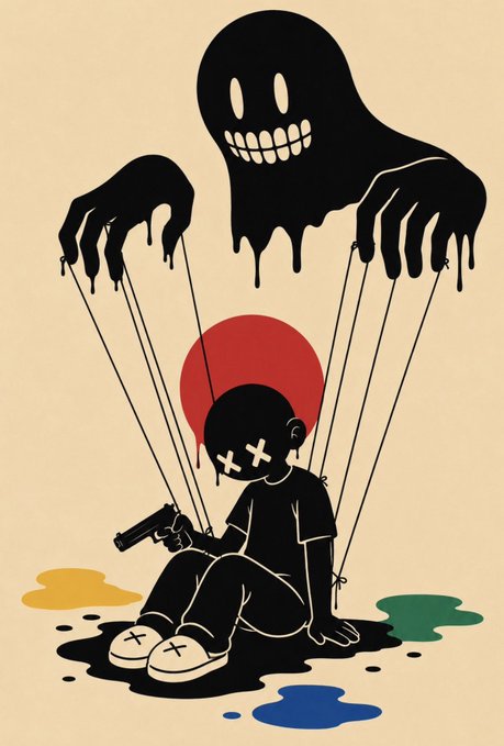 An illustration of a large, dripping black ghost-like figure with a wide grin manipulating a seated black figure with X's for eyes via puppet strings, while the figure holds a gun.