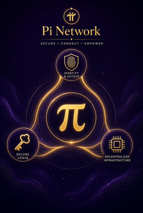A promotional graphic for 'Pi Network' featuring a dark purple background with golden glowing elements, displaying the pi symbol in the center surrounded by icons labeled 'IDENTITY & ACCESS', 'SECURE LOGIN', and 'DECENTRALIZED INFRASTRUCTURE', with the tagline 'SECURE • CONNECT • EMPOWER'.