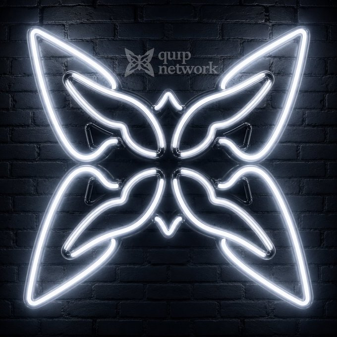 A glowing white neon sign in the shape of a butterfly or stylized mask is mounted on a dark brick wall, displaying the text "qurp network" in the center.