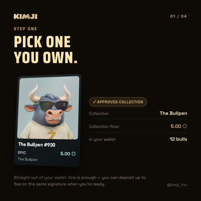 Kimji NFT step one screen reading 'PICK ONE YOU OWN,' featuring 'The Bullpen #900' (Epic, 5.00) — an animated bull with sunglasses — with collection floor 5.00 and 'In your wallet: 12 bulls,' handled by @kimji_fun.